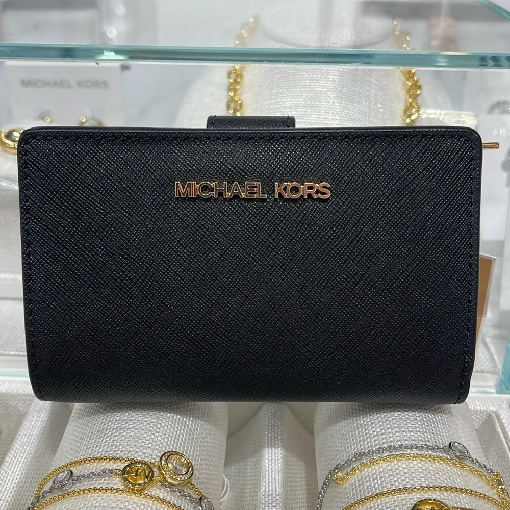 Michael Medium Crossgrain Leather Bifold Wallet Black NWT